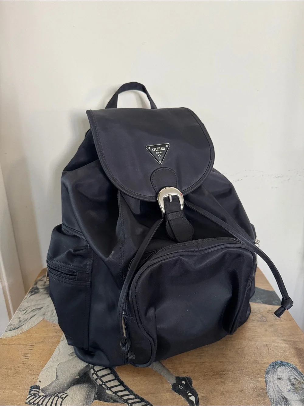 GUESS Black Nylon Drawstring Backpack with Front Pocket